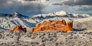 Garden of the Gods in the foreground and Pike's Peak near COlorado Springs.